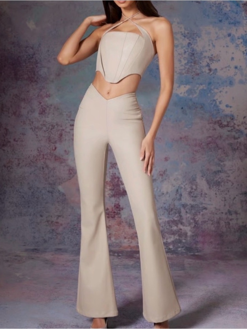 Oh Polly Nude High-Waist Flare Pants